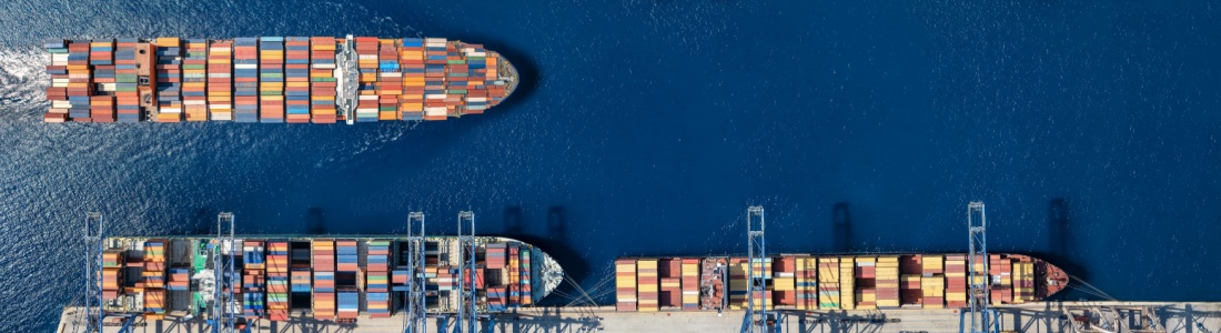 An aerial view of a cargo ship harbour.